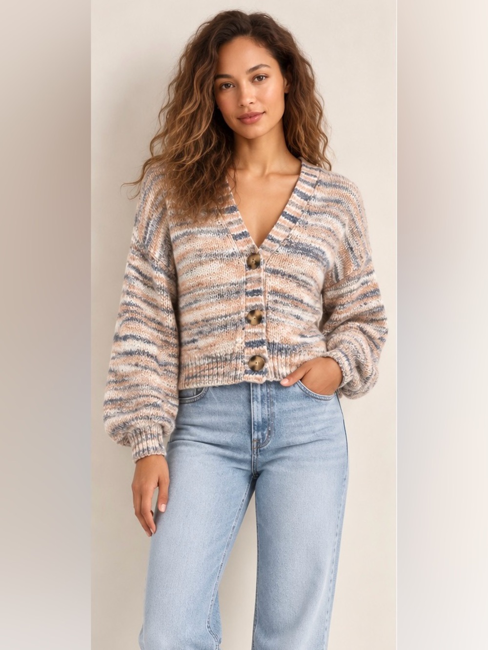 Loft Spacedye Slouchy V Neck Button-down Cardigan Sweater Size M